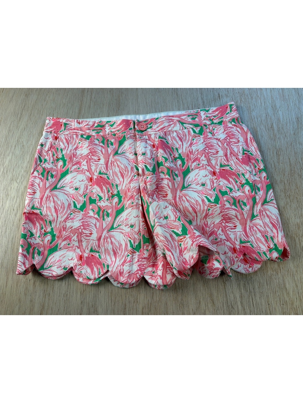 Lilly Pulitzer Buttercup Shorts Pink Colony Flamingo Print Scalloped Hem Size 4